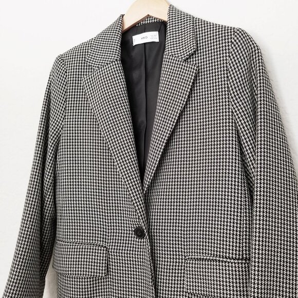 Mango Houndstooth Oversized Blazer Jacket S Gray Single Button Preppy Academia - Picture 10 of 16
